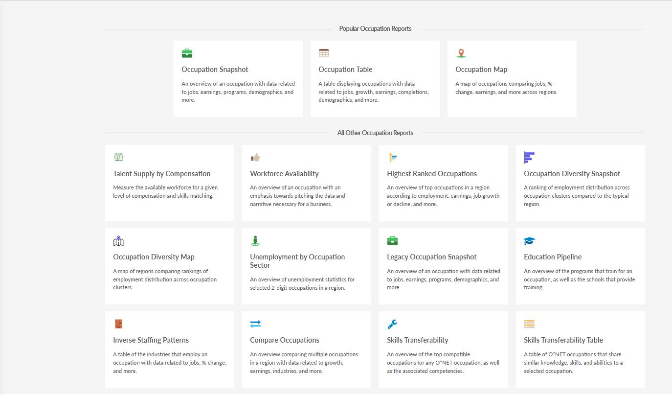 EMSI Occupation Reports Screen